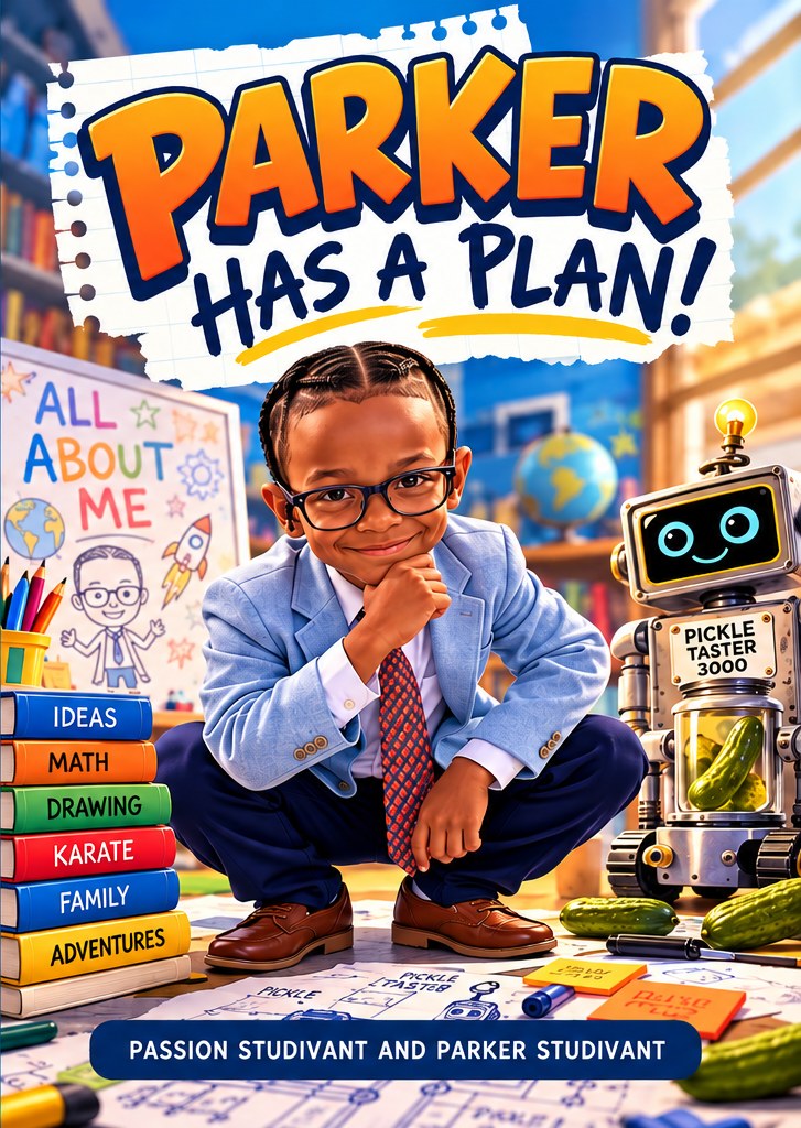 Cover of Parker Has a Plan! showing Parker, a smiling boy in glasses and a blazer, crouched beside a robot called the Pickle Taster 3000